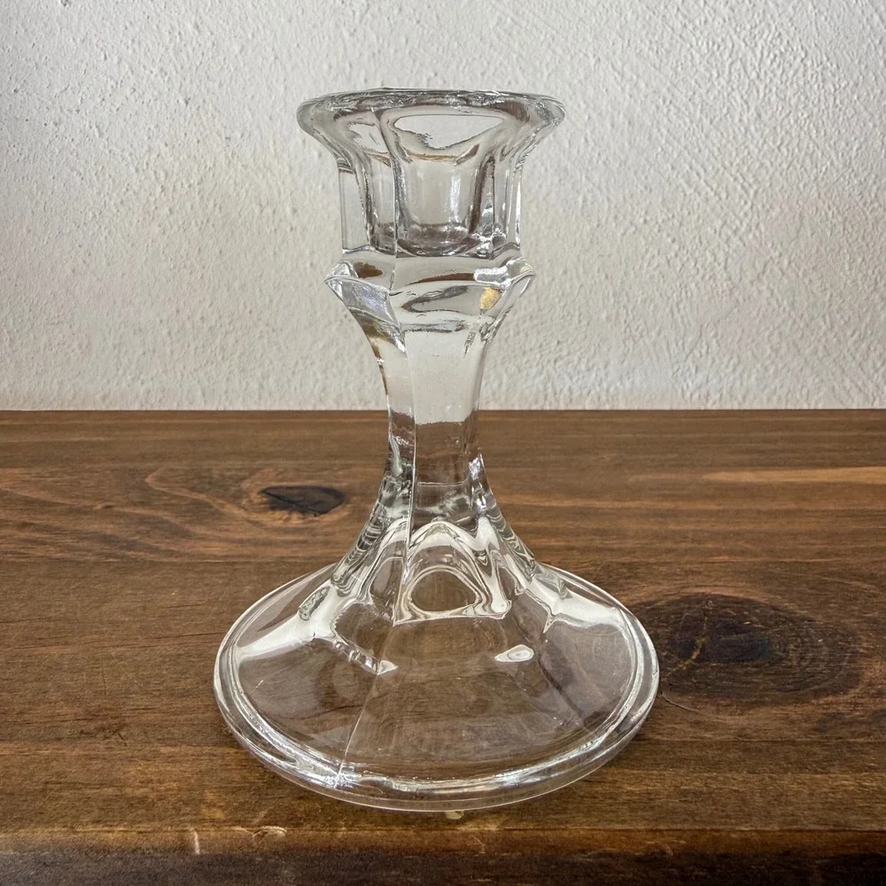 Set of 3 Clear Glass Taper Candle Holders Hexagonal Base 4 inch